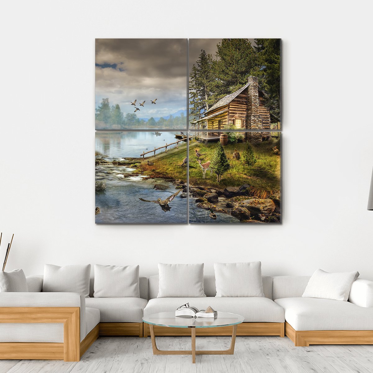 House In Forest With Stream Canvas Wall Art-4 Square-Gallery Wrap-17" x 17"-Tiaracle