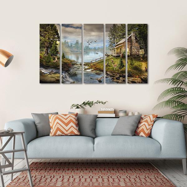 House In Forest With Stream Canvas Wall Art-5 Horizontal-Gallery Wrap-22" x 12"-Tiaracle
