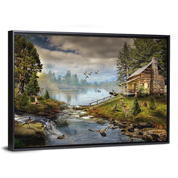 House In Forest With Stream Canvas Wall Art-3 Horizontal-Gallery Wrap-25" x 16"-Tiaracle
