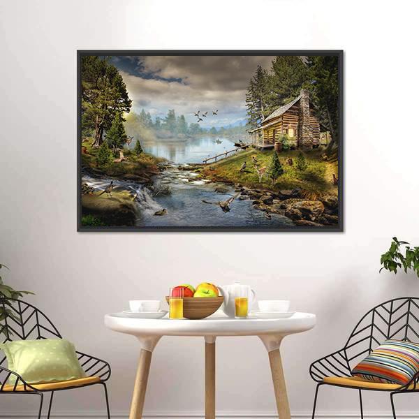 House In Forest With Stream Canvas Wall Art-3 Horizontal-Gallery Wrap-25" x 16"-Tiaracle