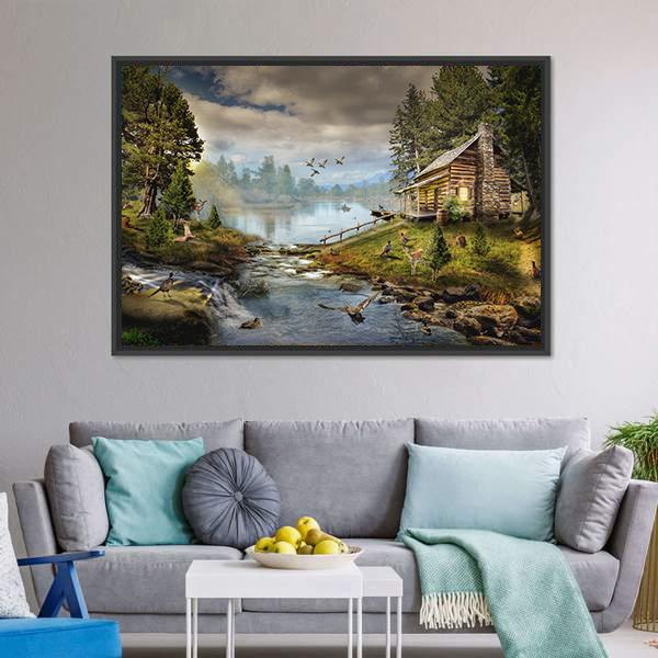 House In Forest With Stream Canvas Wall Art-3 Horizontal-Gallery Wrap-25" x 16"-Tiaracle