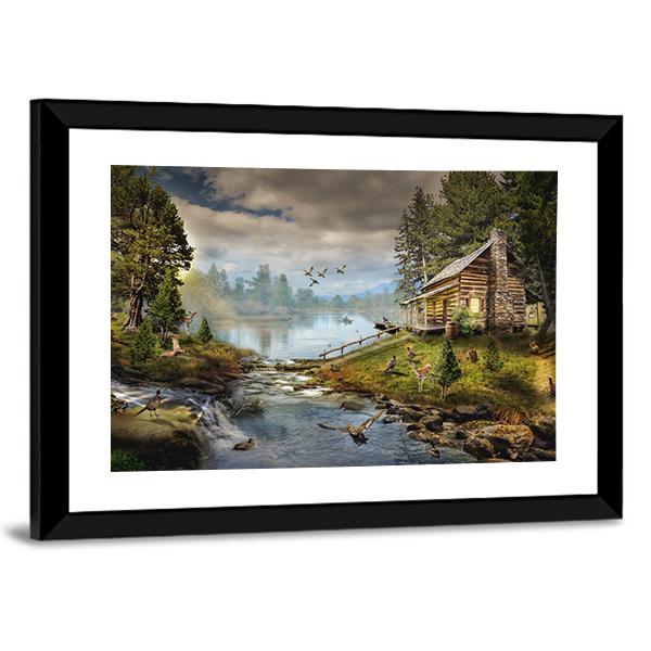 House In Forest With Stream Canvas Wall Art-3 Horizontal-Gallery Wrap-25" x 16"-Tiaracle
