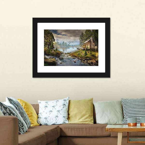 House In Forest With Stream Canvas Wall Art-3 Horizontal-Gallery Wrap-25" x 16"-Tiaracle