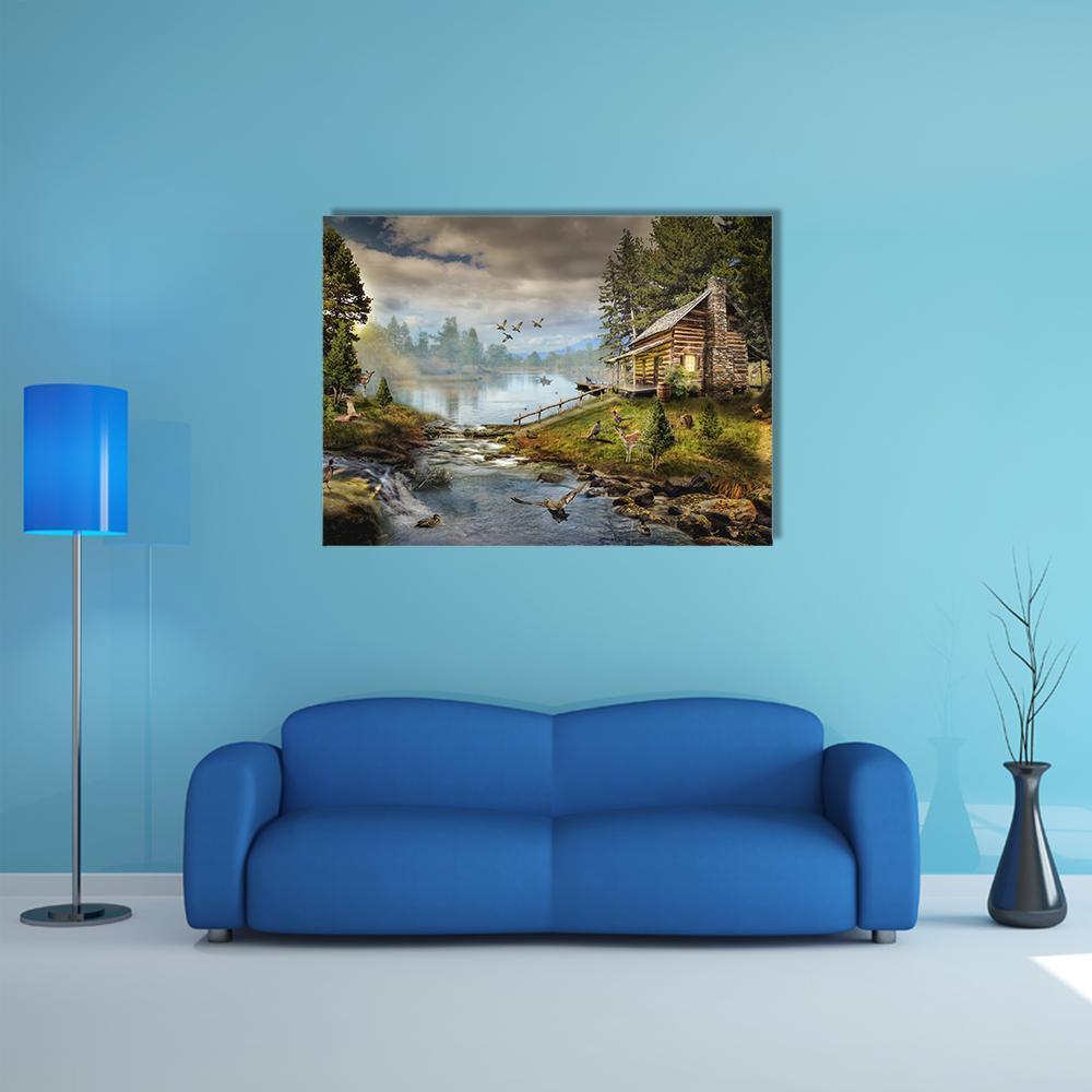 Log Cabin by Forest Stream Canvas Wall Art in gray, brown and green, single panel hung on a wall