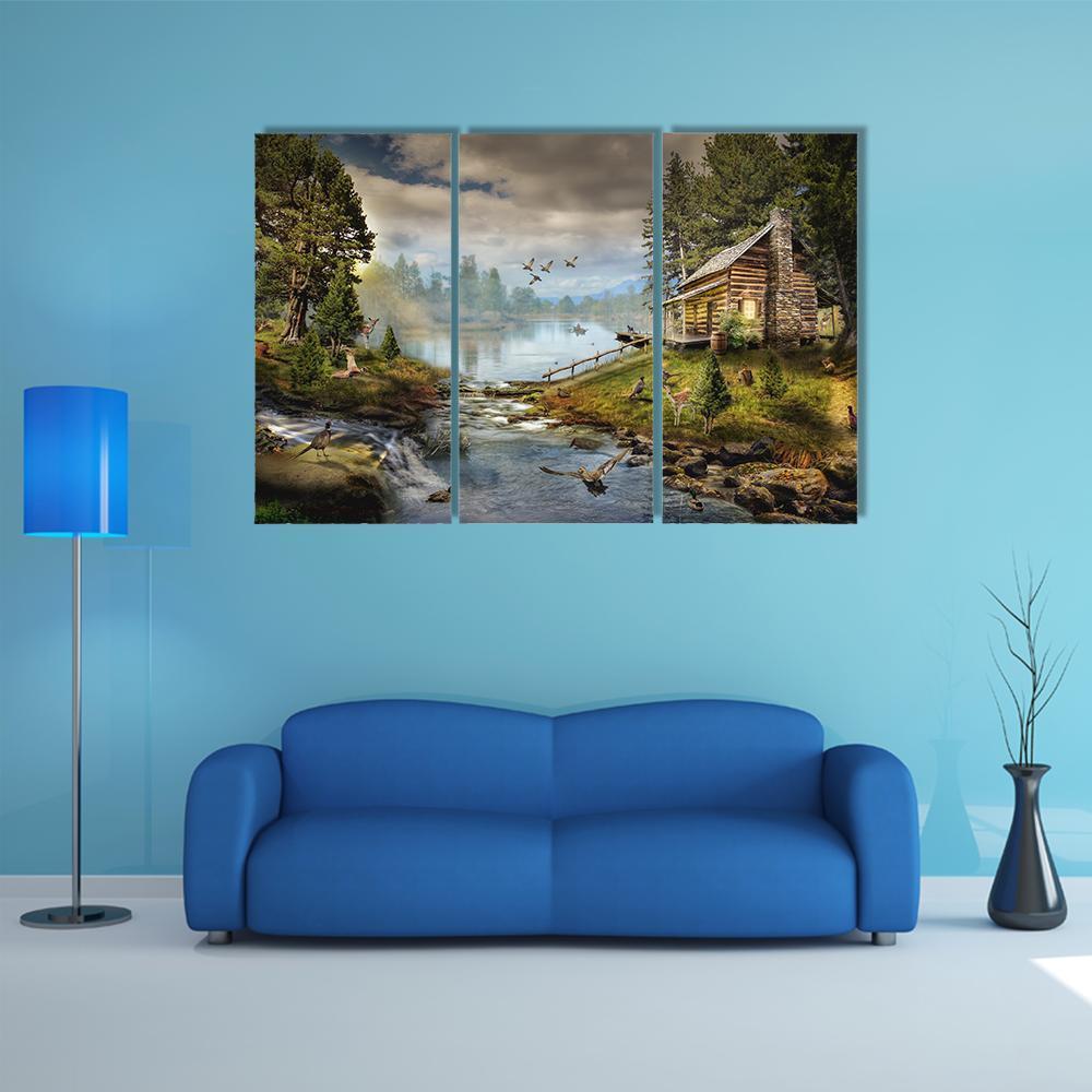 House In Forest With Stream Canvas Wall Art-3 Horizontal-Gallery Wrap-37" x 24"-Tiaracle