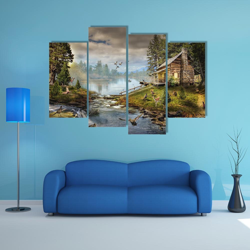 House In Forest With Stream Canvas Wall Art-4 Pop-Gallery Wrap-50" x 32"-Tiaracle