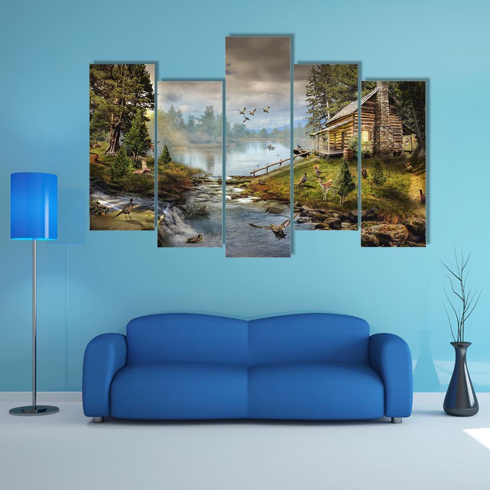 House In Forest With Stream Canvas Wall Art-5 Pop-Gallery Wrap-47" x 32"-Tiaracle