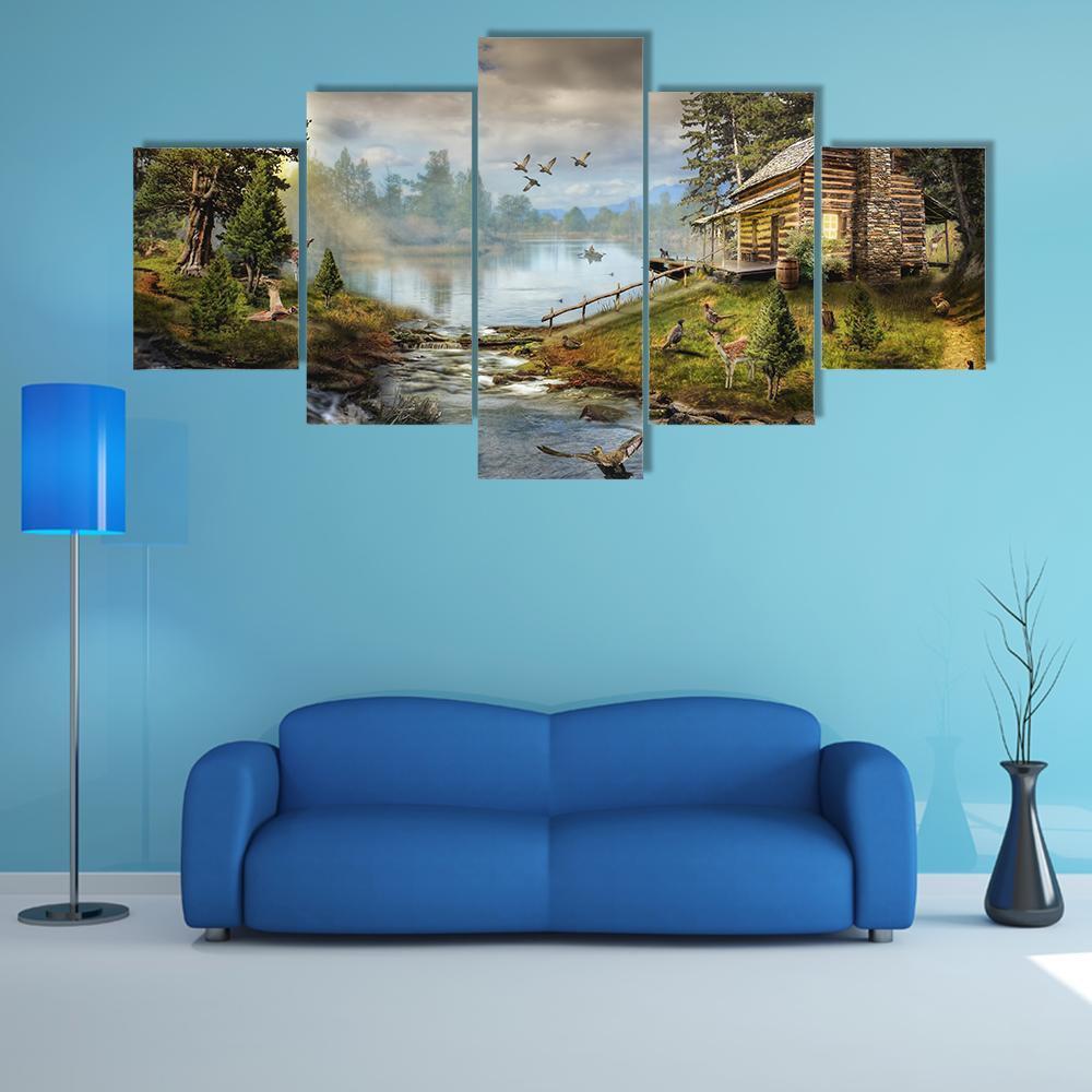 House In Forest With Stream Canvas Wall Art-5 Star-Gallery Wrap-62" x 32"-Tiaracle