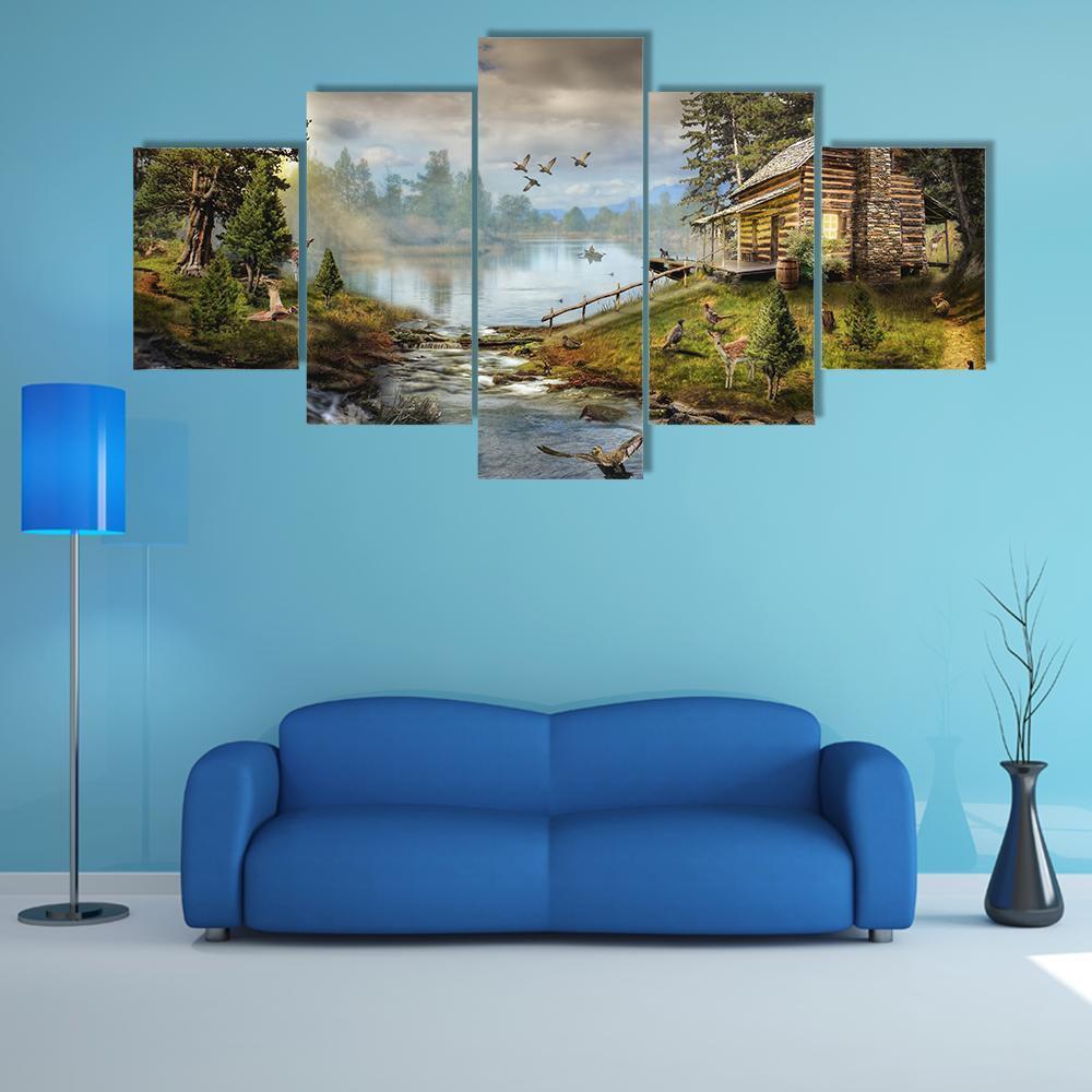 House In Forest With Stream Canvas Wall Art-5 Pop-Gallery Wrap-47" x 32"-Tiaracle