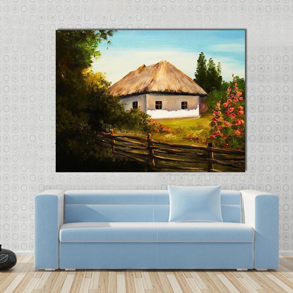 House in the Forest Canvas Wall Art in brown, green and blue, single panel hung on a wall