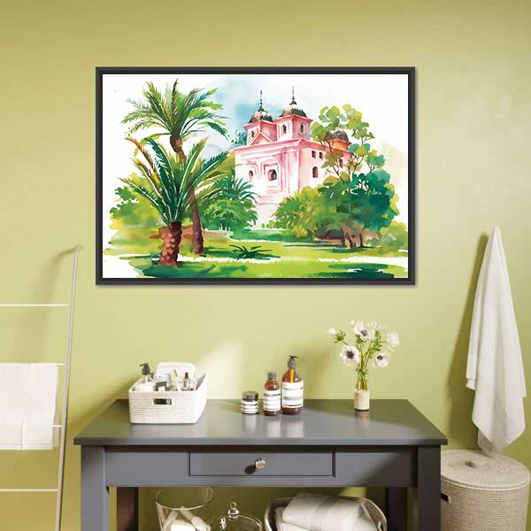 House In Woods Illustration Canvas Wall Art-1 Piece-Floating Frame-24" x 16"-Tiaracle