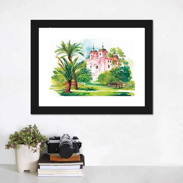 House In Woods Illustration Canvas Wall Art-1 Piece-Framed Print-20" x 16"-Tiaracle