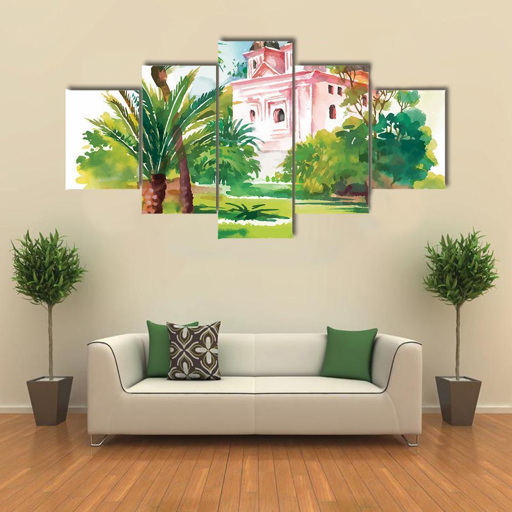 House In Woods Illustration Canvas Wall Art-5 Star-Gallery Wrap-62" x 32"-Tiaracle