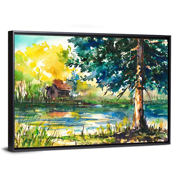 House Near The Lake Canvas Wall Art-5 Horizontal-Gallery Wrap-22" x 12"-Tiaracle