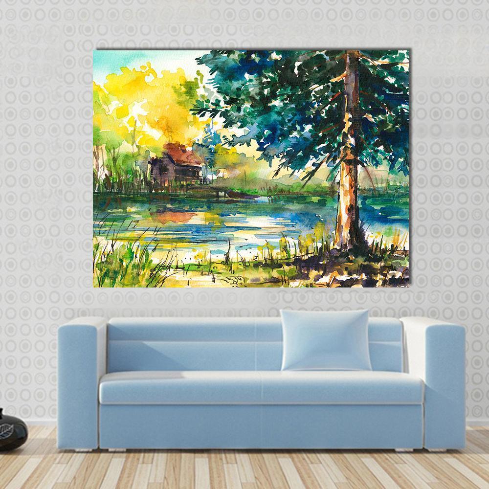 House Near the Lake Canvas Wall Art in yellow, green and blue, single panel hung on a wall