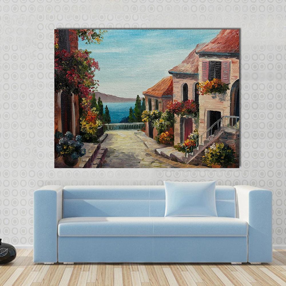 House Near the Sea Canvas Wall Art in beige, brown and blue, single panel hung on a wall