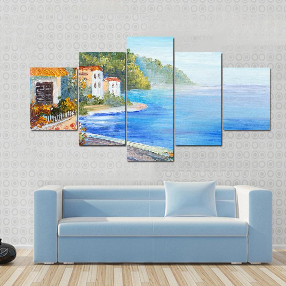 House Near The Sea Canvas Wall Art-5 Star-Gallery Wrap-62&quot; x 32&quot;-Tiaracle