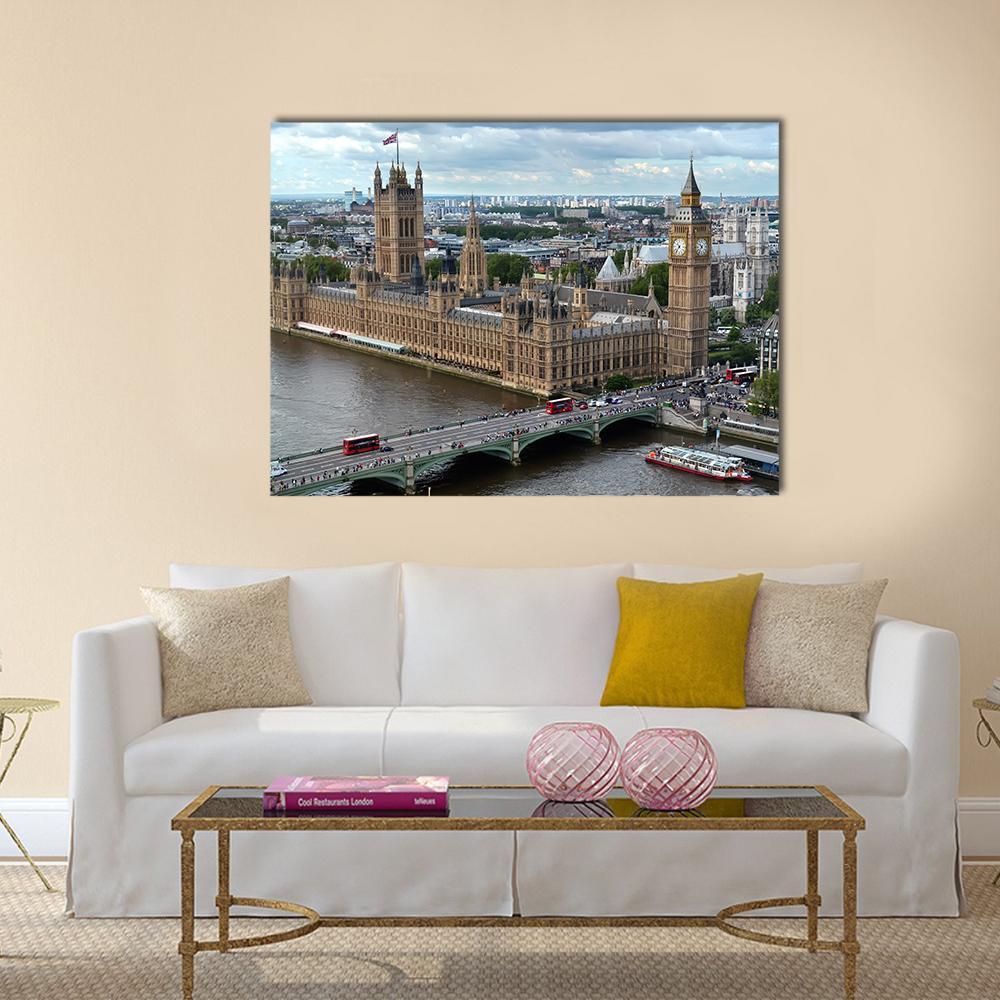 Palace of Westminster and Big Ben Canvas Wall Art in gray, brown and blue, single panel hung on a wall