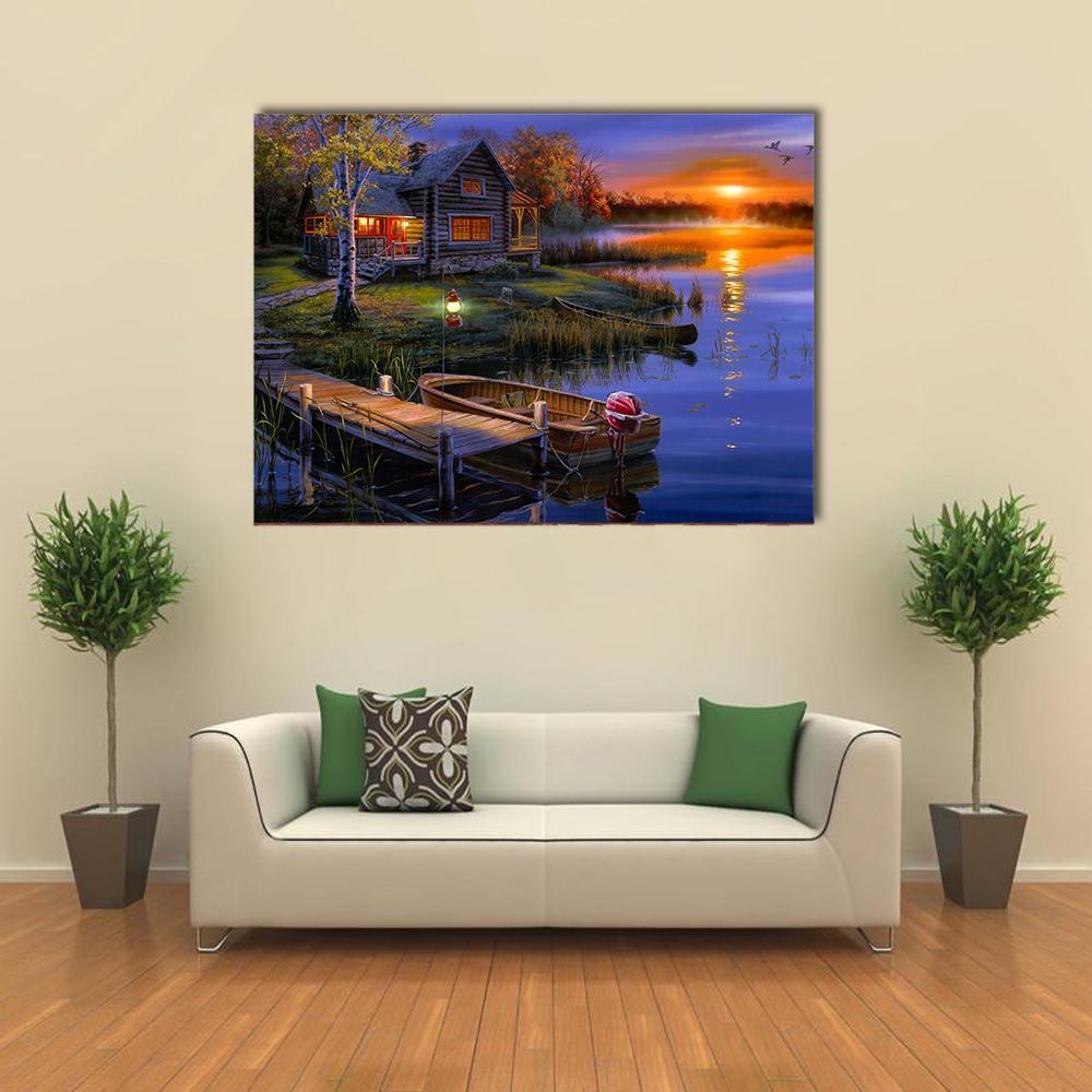House With Boat Near Lake Canvas Wall Art-1 Piece-Gallery Wrap-48" x 32"-Tiaracle