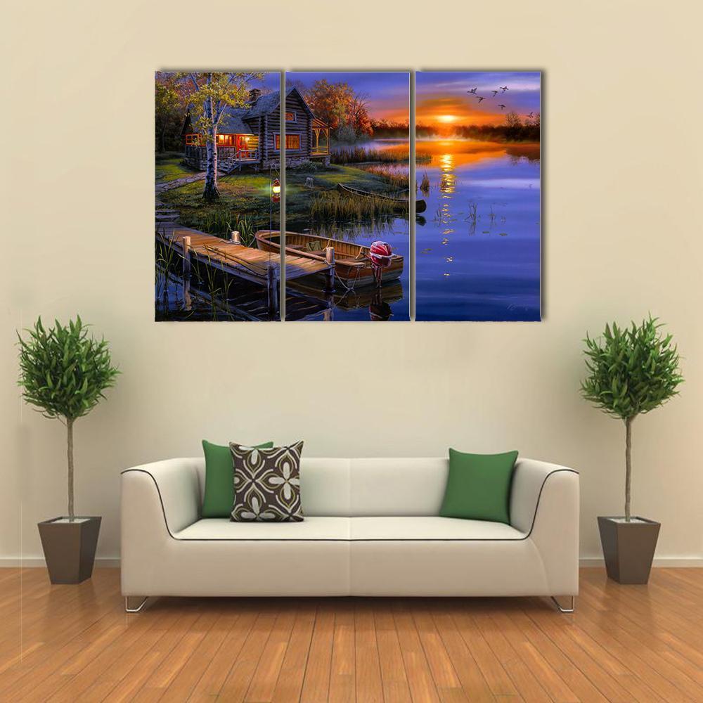 House With Boat Near Lake Canvas Wall Art-3 Horizontal-Gallery Wrap-37" x 24"-Tiaracle