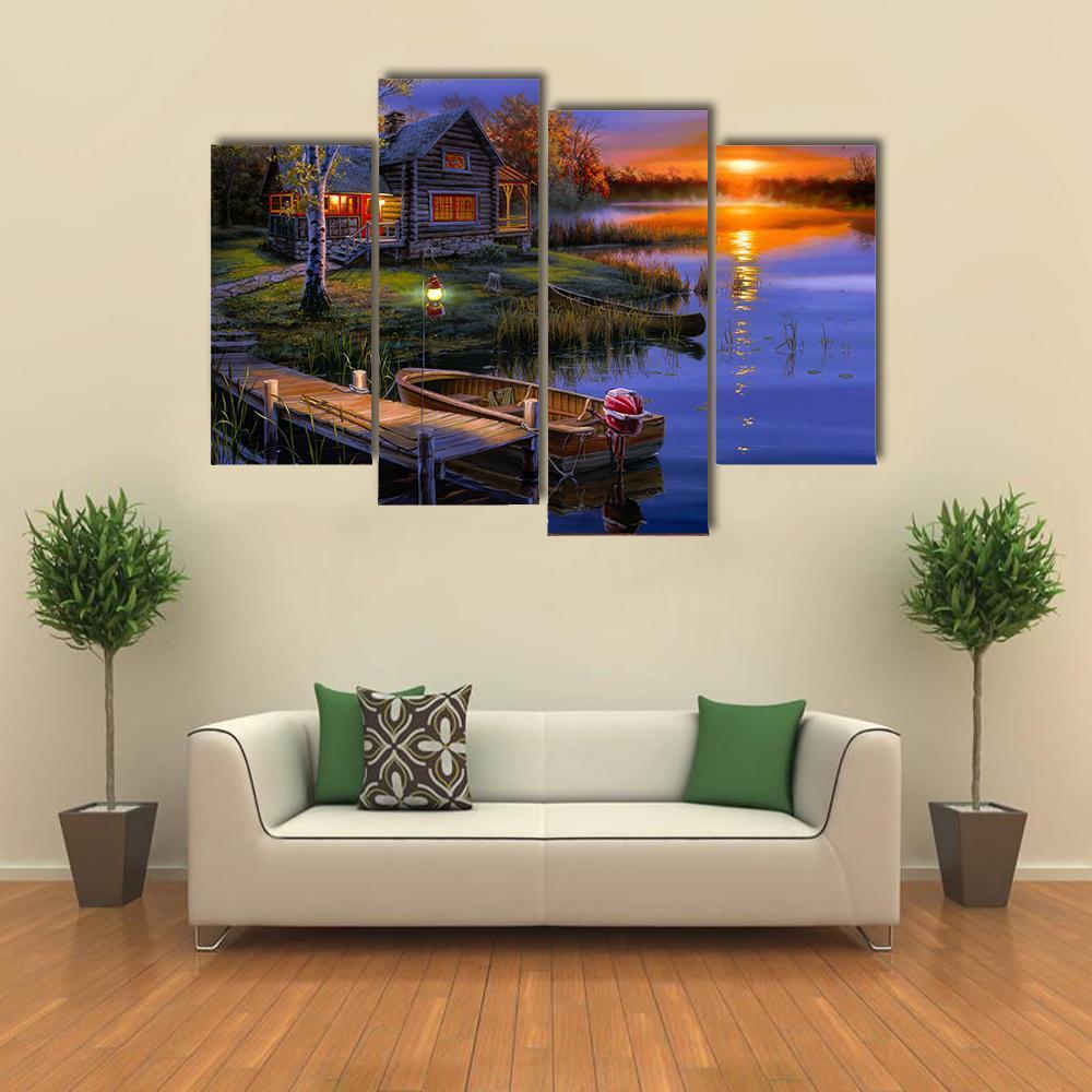 House With Boat Near Lake Canvas Wall Art-4 Pop-Gallery Wrap-50" x 32"-Tiaracle