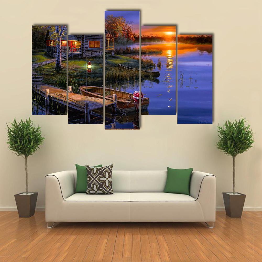 House With Boat Near Lake Canvas Wall Art-5 Pop-Gallery Wrap-47" x 32"-Tiaracle