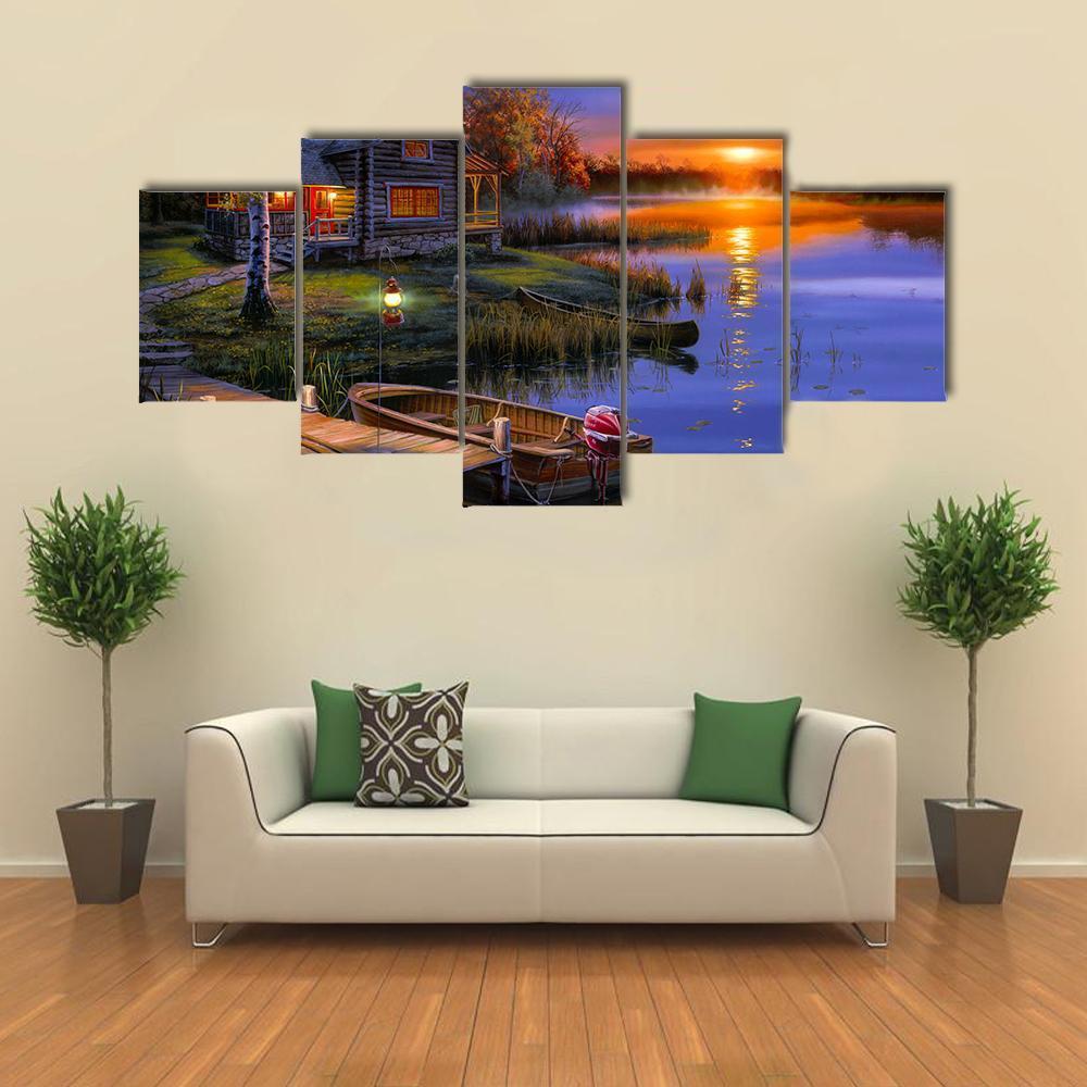 House With Boat Near Lake Canvas Wall Art-5 Star-Gallery Wrap-62" x 32"-Tiaracle