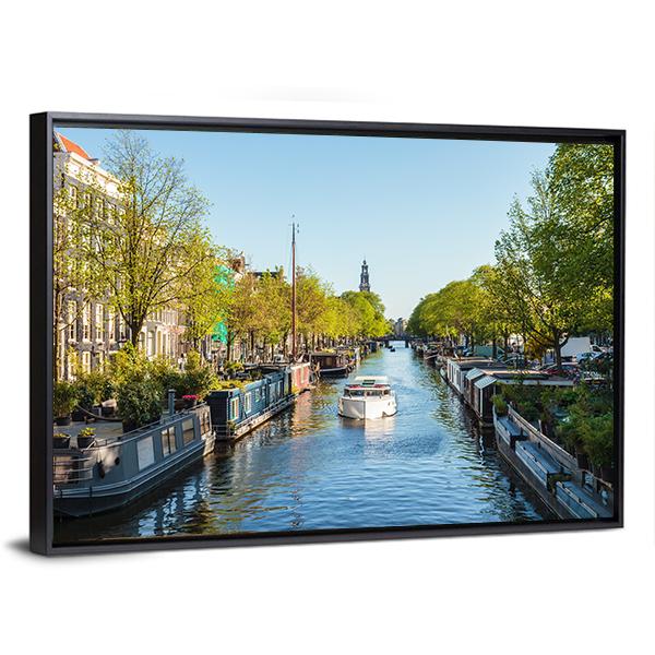Houseboat On Dutch Canal Canvas Wall Art-3 Horizontal-Gallery Wrap-25" x 16"-Tiaracle