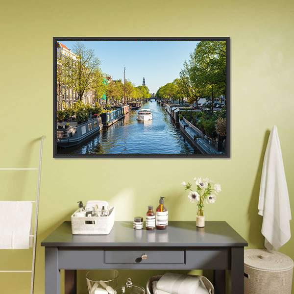 Houseboat On Dutch Canal Canvas Wall Art-3 Horizontal-Gallery Wrap-25" x 16"-Tiaracle