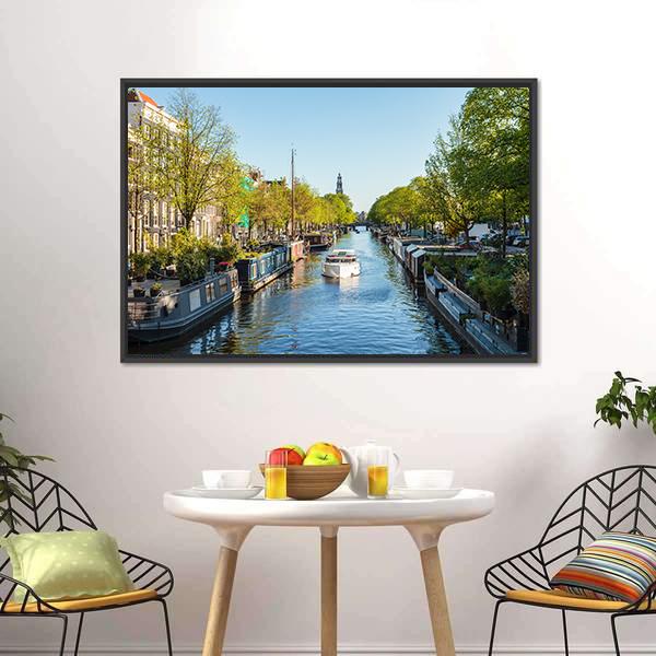 Houseboat On Dutch Canal Canvas Wall Art-3 Horizontal-Gallery Wrap-25" x 16"-Tiaracle