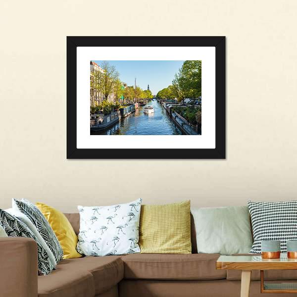 Houseboat On Dutch Canal Canvas Wall Art-3 Horizontal-Gallery Wrap-25" x 16"-Tiaracle