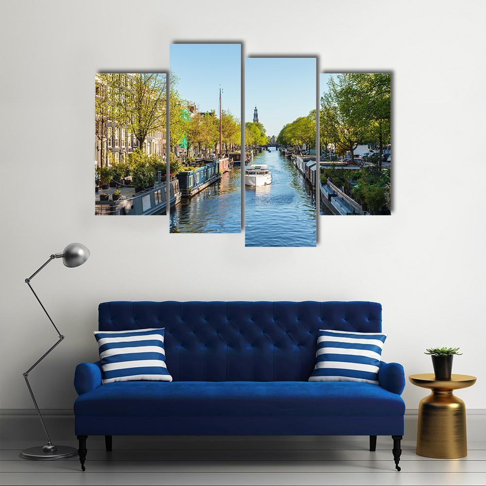 Houseboat On Dutch Canal Canvas Wall Art-4 Pop-Gallery Wrap-50" x 32"-Tiaracle