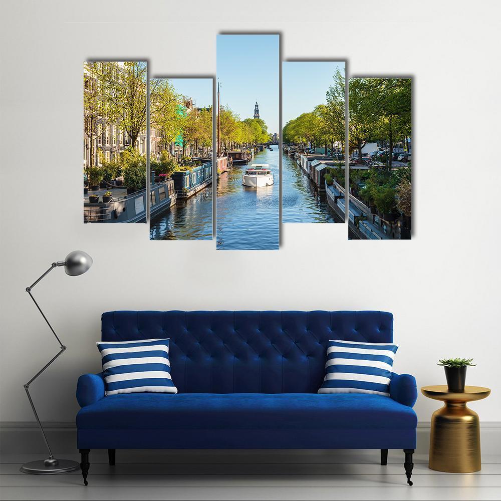 Houseboat On Dutch Canal Canvas Wall Art-5 Pop-Gallery Wrap-47" x 32"-Tiaracle