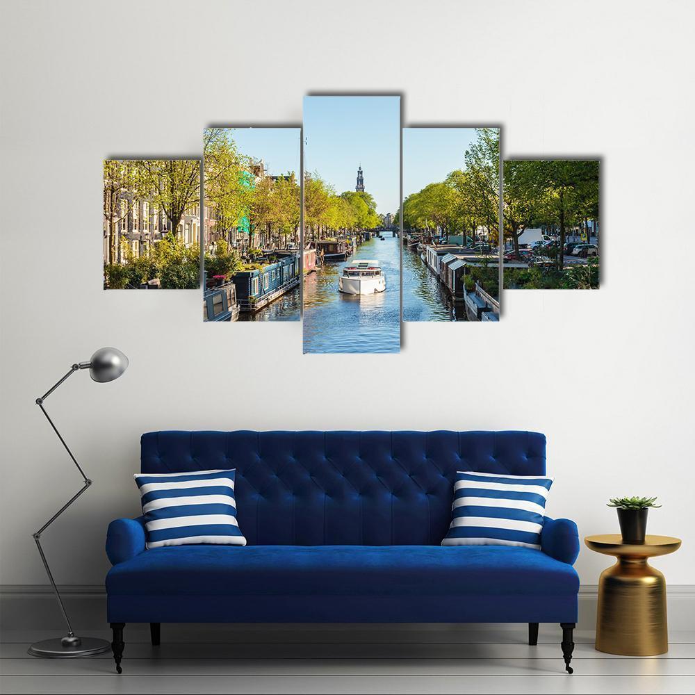 Houseboat On Dutch Canal Canvas Wall Art-5 Star-Gallery Wrap-62" x 32"-Tiaracle