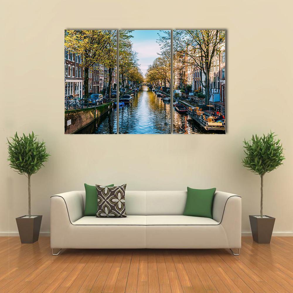Houseboats On Canal Amsterdam Canvas Wall Art-3 Horizontal-Gallery Wrap-37" x 24"-Tiaracle