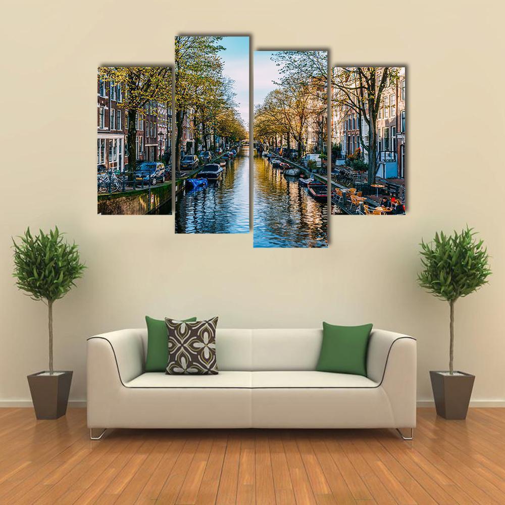 Houseboats On Canal Amsterdam Canvas Wall Art-4 Pop-Gallery Wrap-50" x 32"-Tiaracle