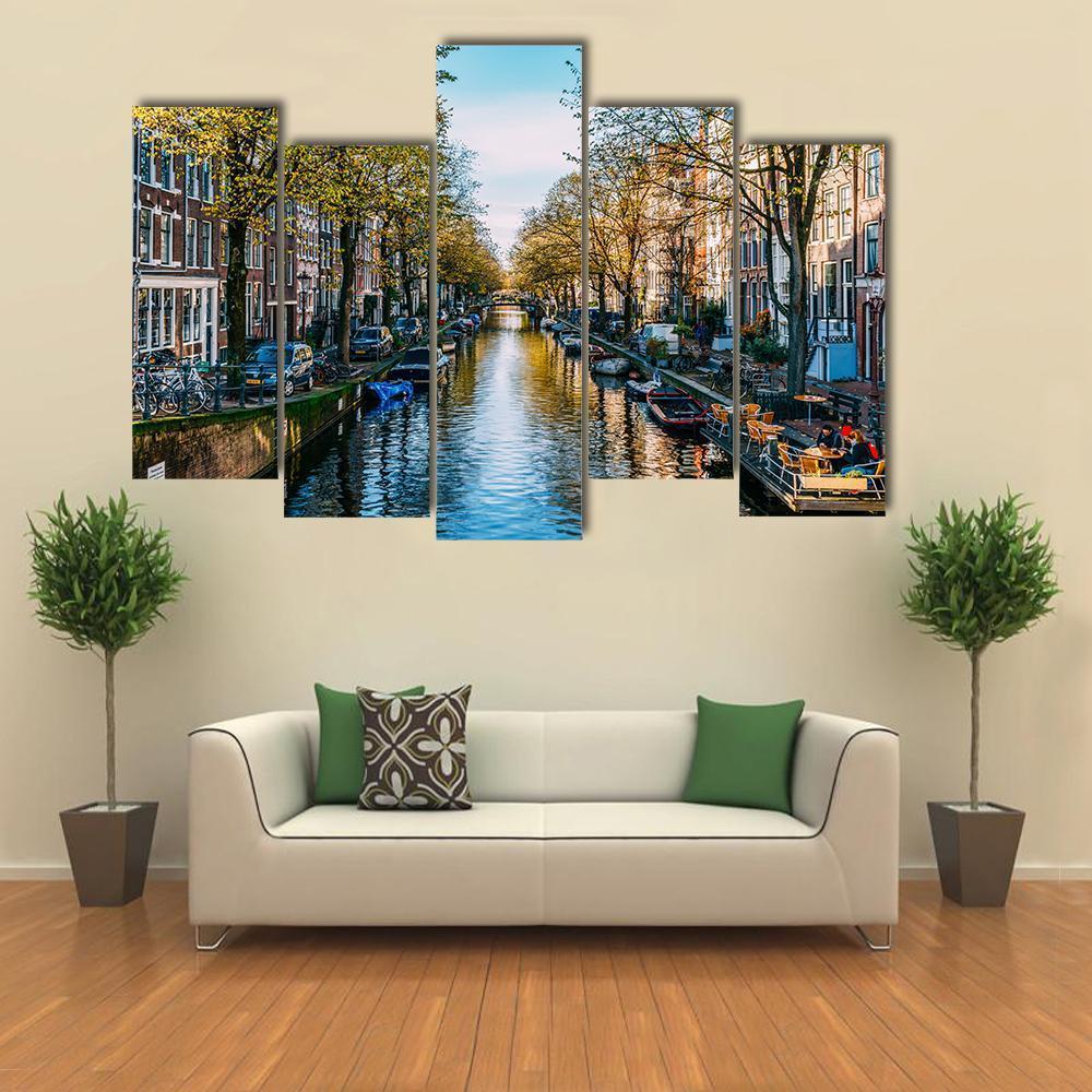 Houseboats On Canal Amsterdam Canvas Wall Art-5 Pop-Gallery Wrap-47" x 32"-Tiaracle