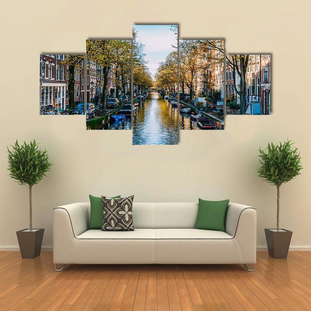 Houseboats On Canal Amsterdam Canvas Wall Art-5 Star-Gallery Wrap-62" x 32"-Tiaracle