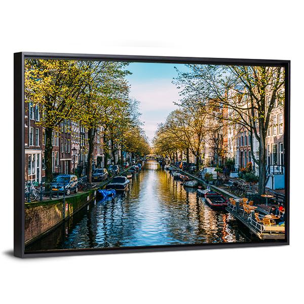 Houseboats On Canal Amsterdam Canvas Wall Art-3 Horizontal-Gallery Wrap-25" x 16"-Tiaracle