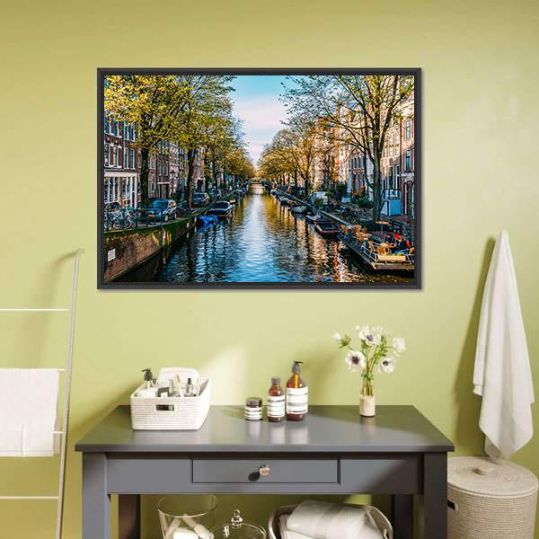 Houseboats On Canal Amsterdam Canvas Wall Art-3 Horizontal-Gallery Wrap-25" x 16"-Tiaracle