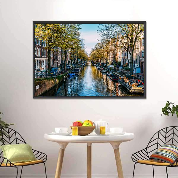Houseboats On Canal Amsterdam Canvas Wall Art-1 Piece-Floating Frame-24" x 16"-Tiaracle