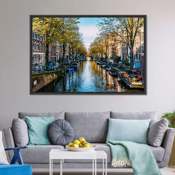 Houseboats On Canal Amsterdam Canvas Wall Art-3 Horizontal-Gallery Wrap-25" x 16"-Tiaracle