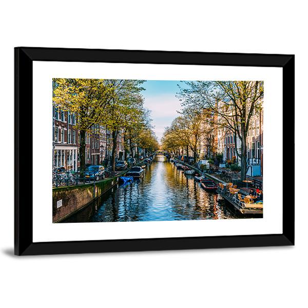 Houseboats On Canal Amsterdam Canvas Wall Art-3 Horizontal-Gallery Wrap-25" x 16"-Tiaracle
