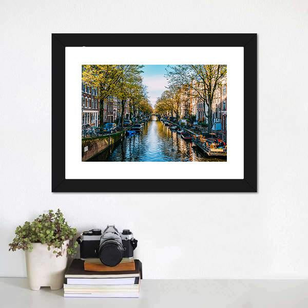Houseboats On Canal Amsterdam Canvas Wall Art-3 Horizontal-Gallery Wrap-25" x 16"-Tiaracle
