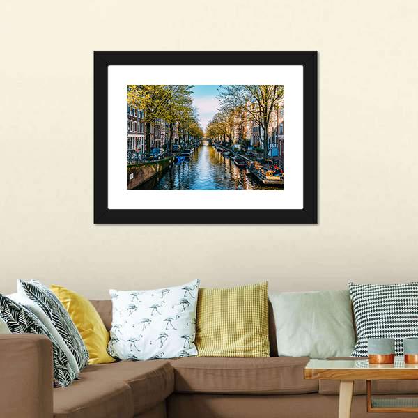 Houseboats On Canal Amsterdam Canvas Wall Art-1 Piece-Framed Print-20" x 16"-Tiaracle