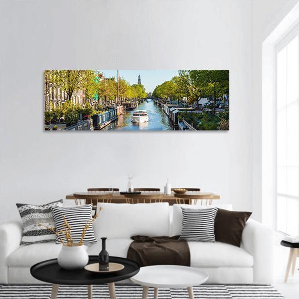 Houseboat On Dutch Canal Panoramic Canvas Wall Art-1 Piece-36&quot; x 12&quot;-Tiaracle