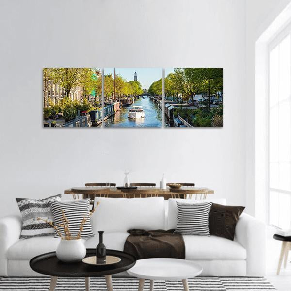 Houseboat On Dutch Canal Panoramic Canvas Wall Art-3 Piece-25&quot; x 08&quot;-Tiaracle