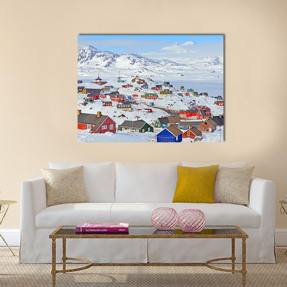 Colorful Houses in Greenland Canvas Wall Art in white, blue and multicolor, single panel hung on a wall