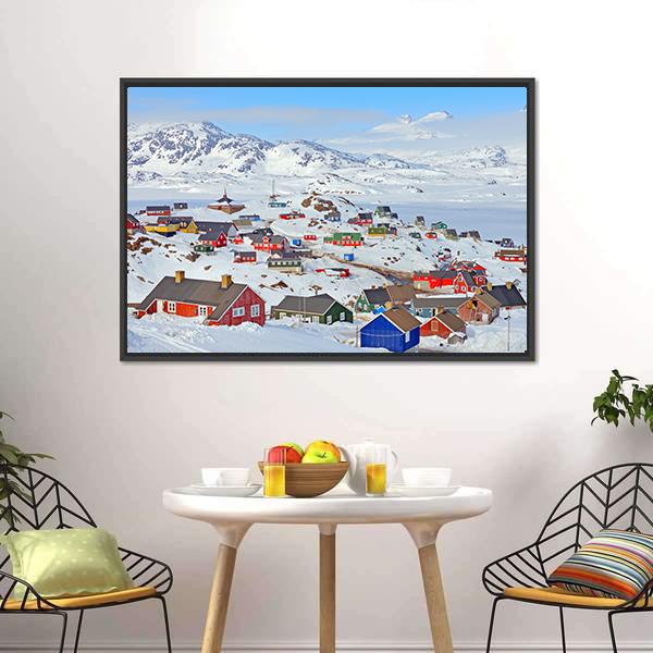 Houses In Greenland Canvas Wall Art-1 Piece-Floating Frame-24" x 16"-Tiaracle