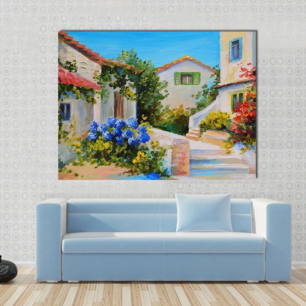 Houses Near the Sea Canvas Wall Art in white, beige and blue, single panel hung on a wall